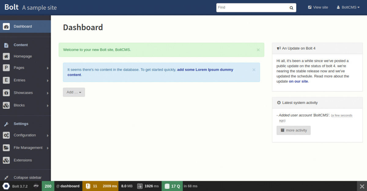 Tablero de mandos de Bolt CMS