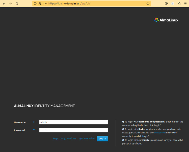página de acceso a freeipa