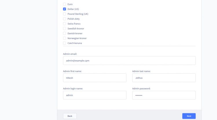 Configuración de la moneda y del correo electrónico