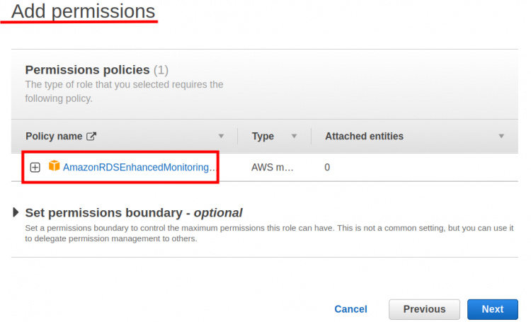 Añadir la política &lsquo;AmazonRDSEnhancedMonitoringRole&rsquo;.