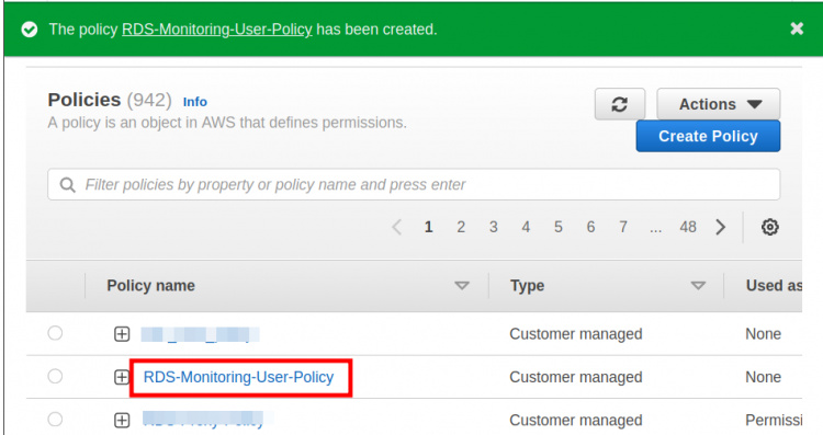 Creación de la política de usuario de supervisión de RDS