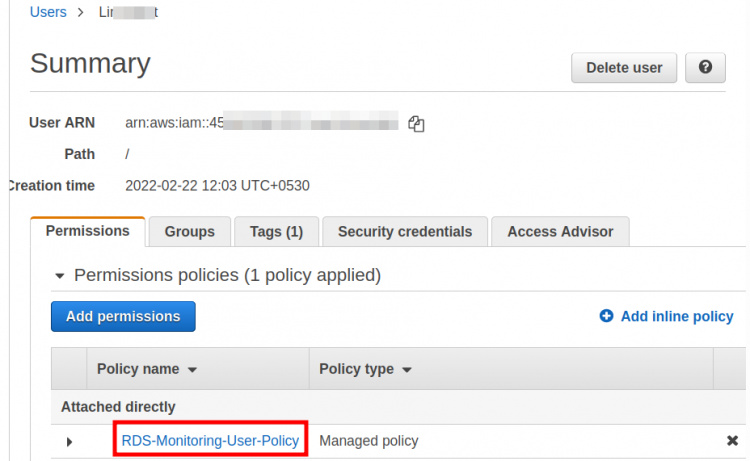 Adjuntar la política al usuario IAM