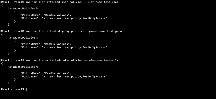 Lista de políticas de usuario, grupo y rol adjuntas
