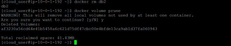 eliminar los volúmenes no utilizados asociados al contenedor db2
