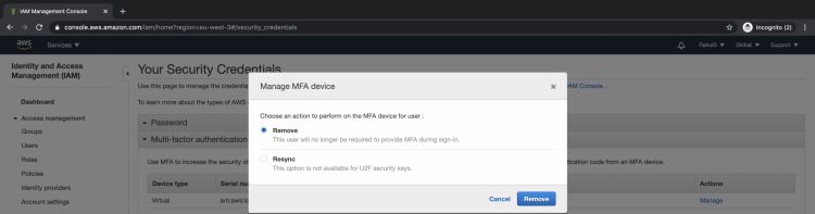 Eliminar el dispositivo MFA