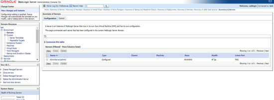 pestaña de servidores en WebLogic