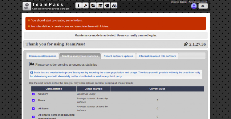 Panel de control de TeamPass
