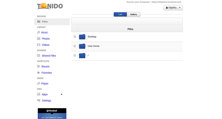 Panel de control de Tonido