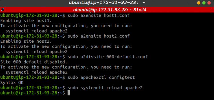 (1) Habilita Host1 y Host2 (2) Deshabilita el sitio por defecto (3) Recarga Apache