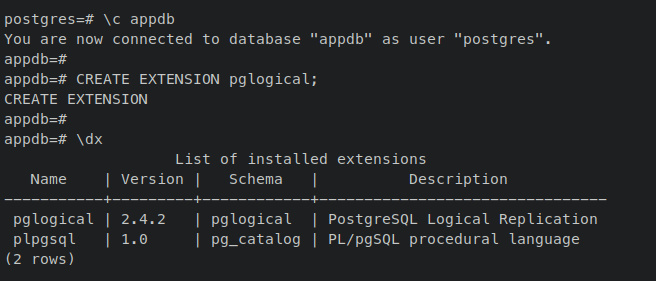 activar pglogical end atabase