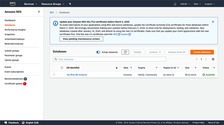 Instancia de AWS RDS creada con éxito
