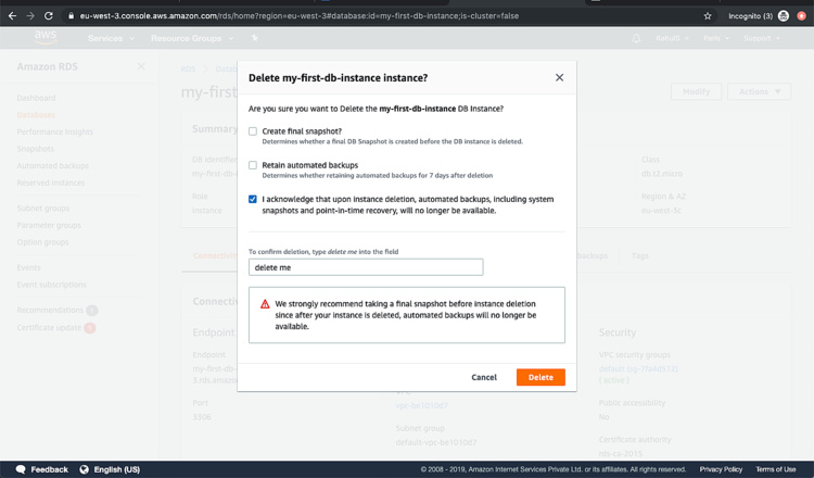Confirmar la eliminación de la base de datos
