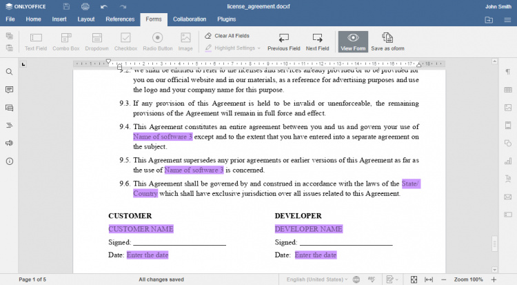 Vista previa de los formularios de ONLYOFFICE