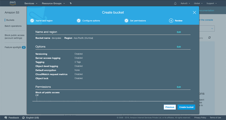 Revisa la configuración antes de crear el cubo S3