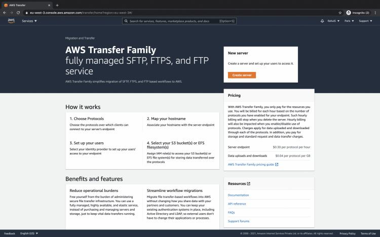 Panel de la familia de transferencias de AWS