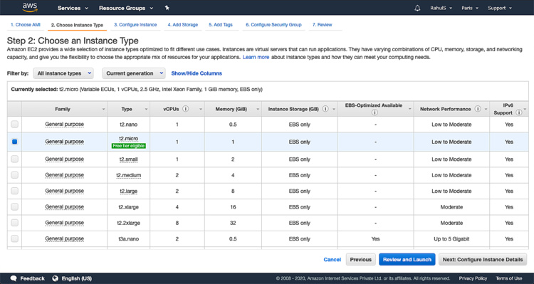 Elige un tipo de instancia