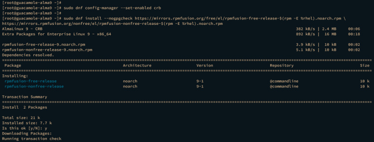 activar el repositorio CRB e instalar RPMFusion