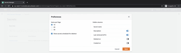 Mostrar los secretos programados para ser borrados