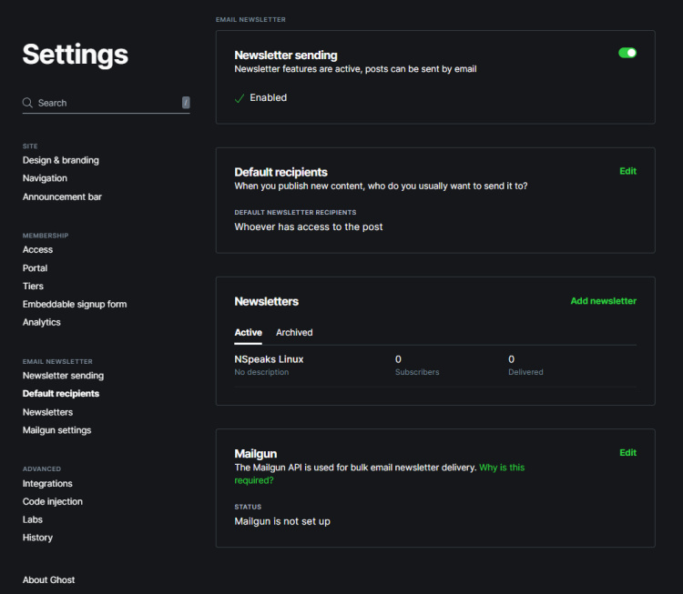 Configuración del boletín Ghost Email