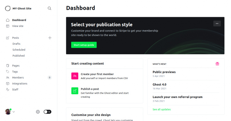 Panel de control de Ghost CMS