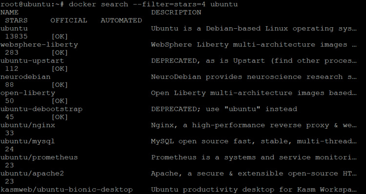 busca la imagen de ubuntu con 4 o más estrellas en Docker Hub.
