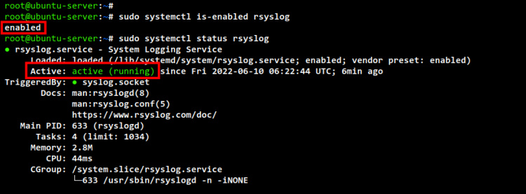 comprobar el servicio rsyslog