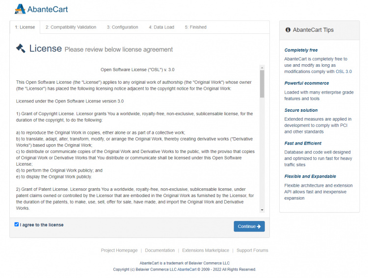 Pantalla de licencia de AbanteCart