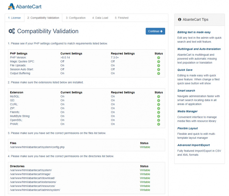 AbanteCart Comprobación de los requisitos del sistema