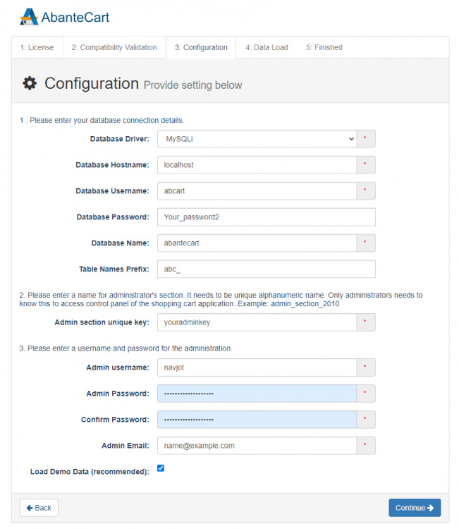 Configuración de la base de datos de AbanteCart
