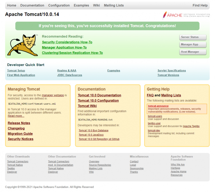 Inicio de la Gestión Web de Tomcat