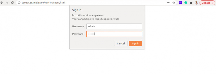 Inicio de sesión de Tomcat Host Manager