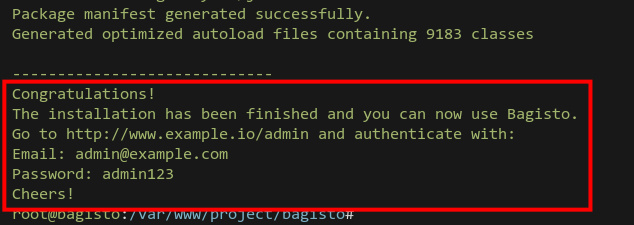 Éxito de la instalación de Bagisto