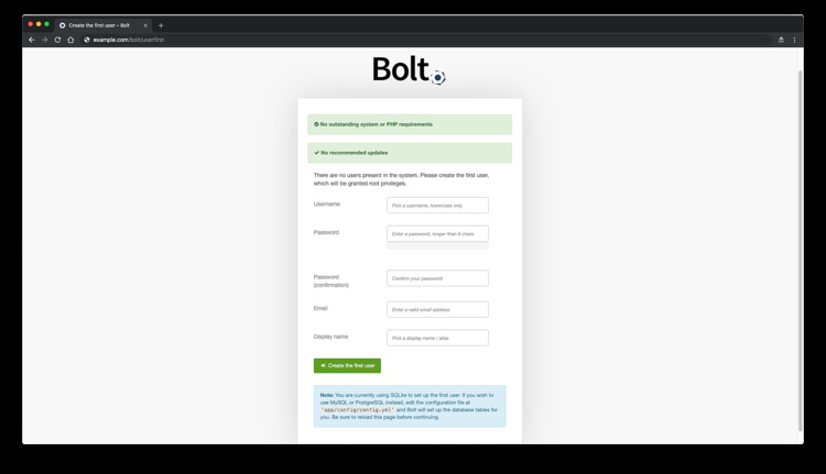 Establecer nombre de usuario de administrador en Bolt CMS