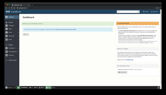 Tablero de mandos de Bolt CMS