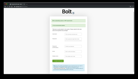 Asistente de configuración de Bolt CMS