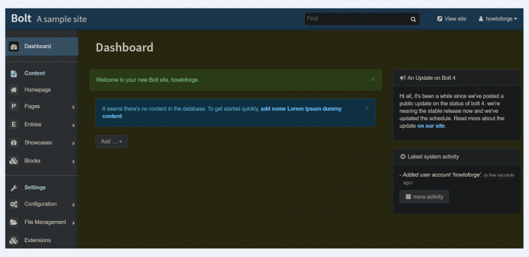 Cuadro de mandos del Bolt CMS