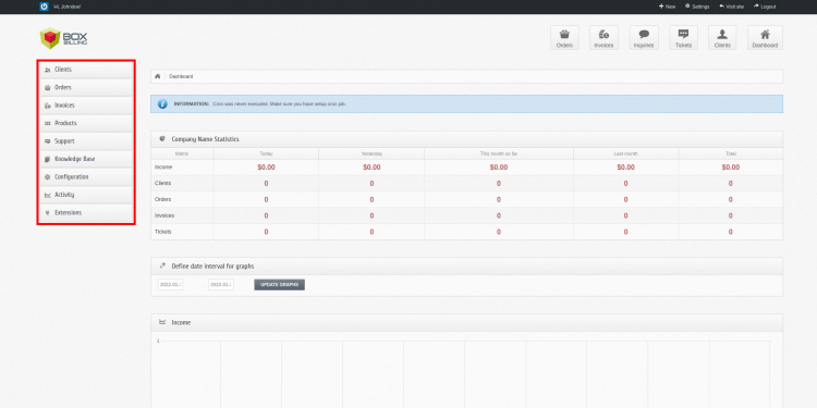 Panel de administración de Boxbilling