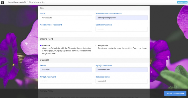 Nombre del sitio web y datos de acceso