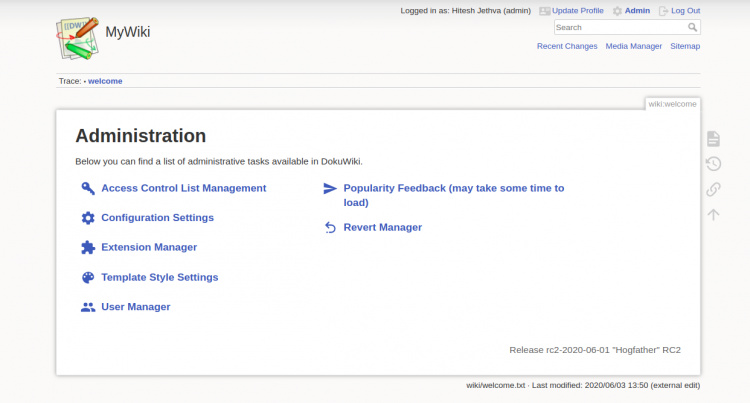 Panel de administración de DokuWiki