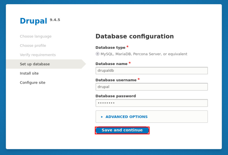 configuración de la base de datos
