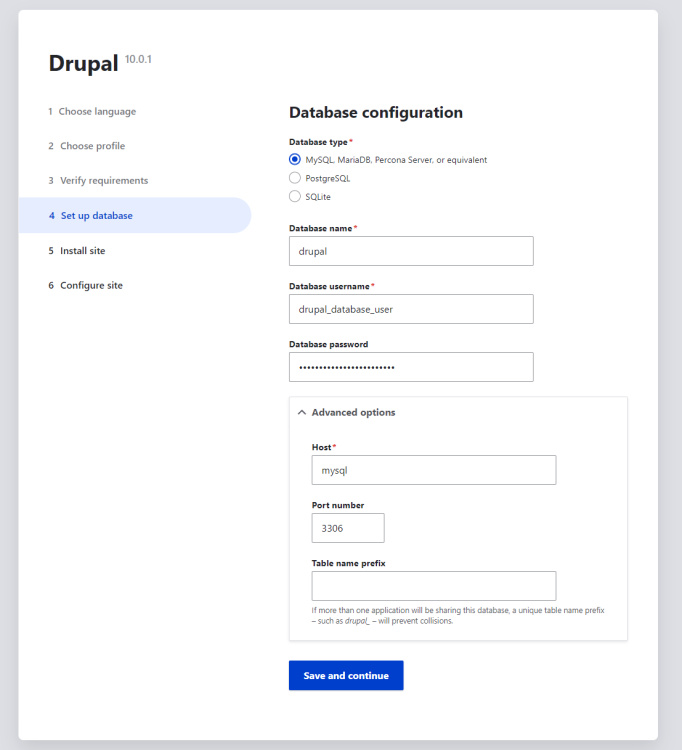 Configuración de la base de datos de Drupal
