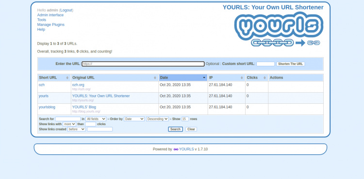 Tablero de administración de YOURLS