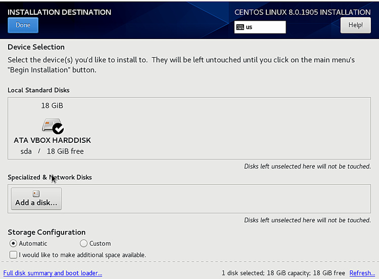 Elige el disco duro para instalar CentOS 8