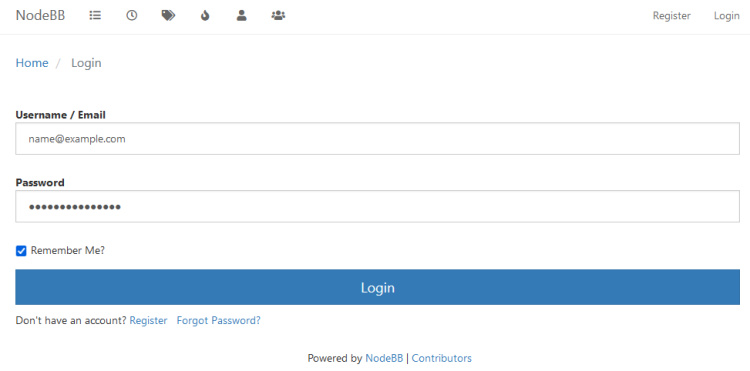 Página de inicio de sesión de NodeBB