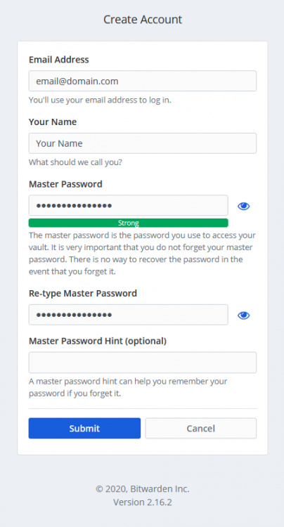 Pantalla de registro de Bitwarden