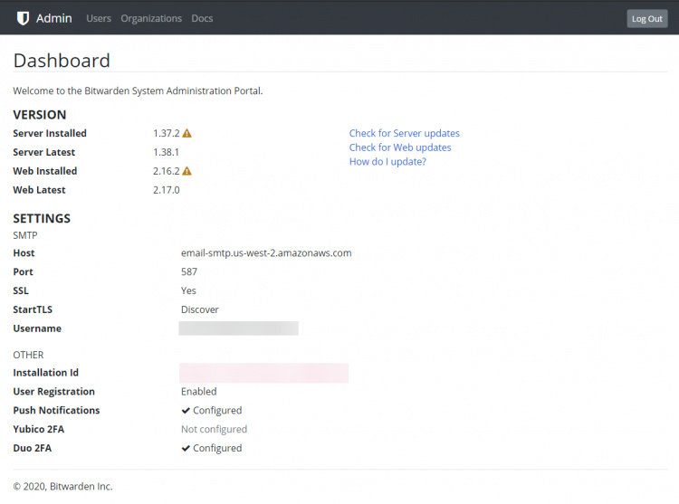 Panel de administración de Bitwarden