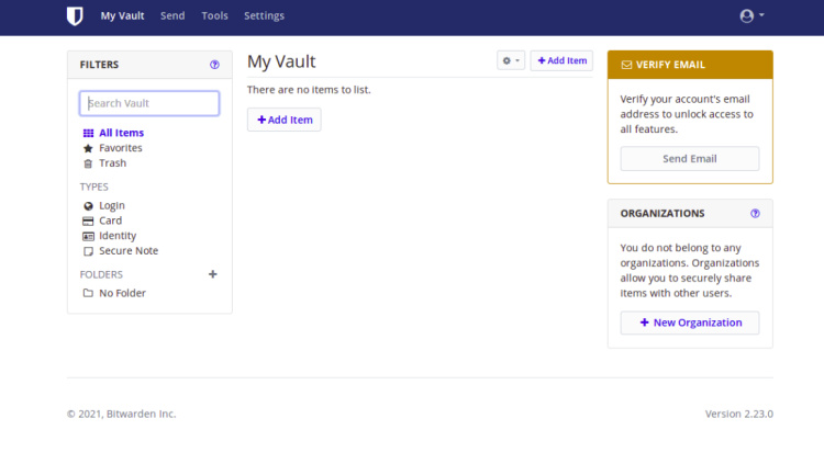Tablero de mandos de Bitwarden