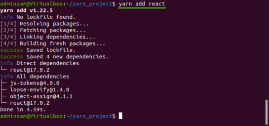 añade la dependencia del proyecto react utilizando yarn