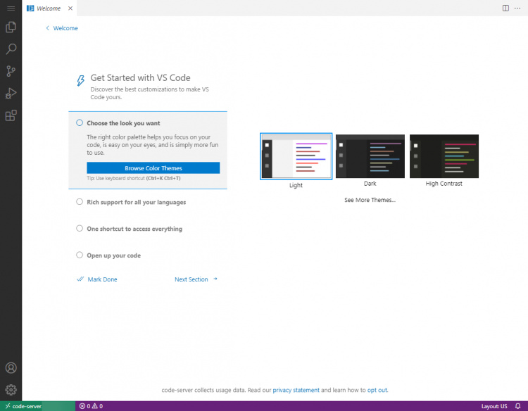 Pantalla de configuración del servidor de código