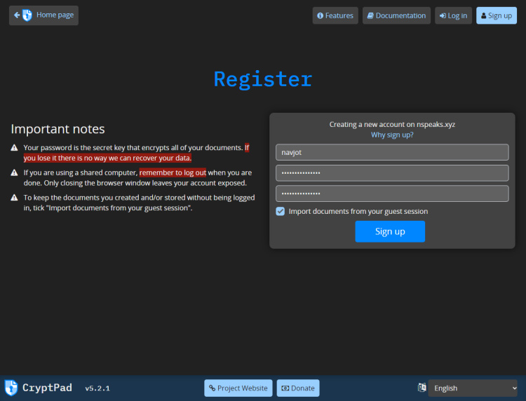 Página de inscripción de Cryptpad
